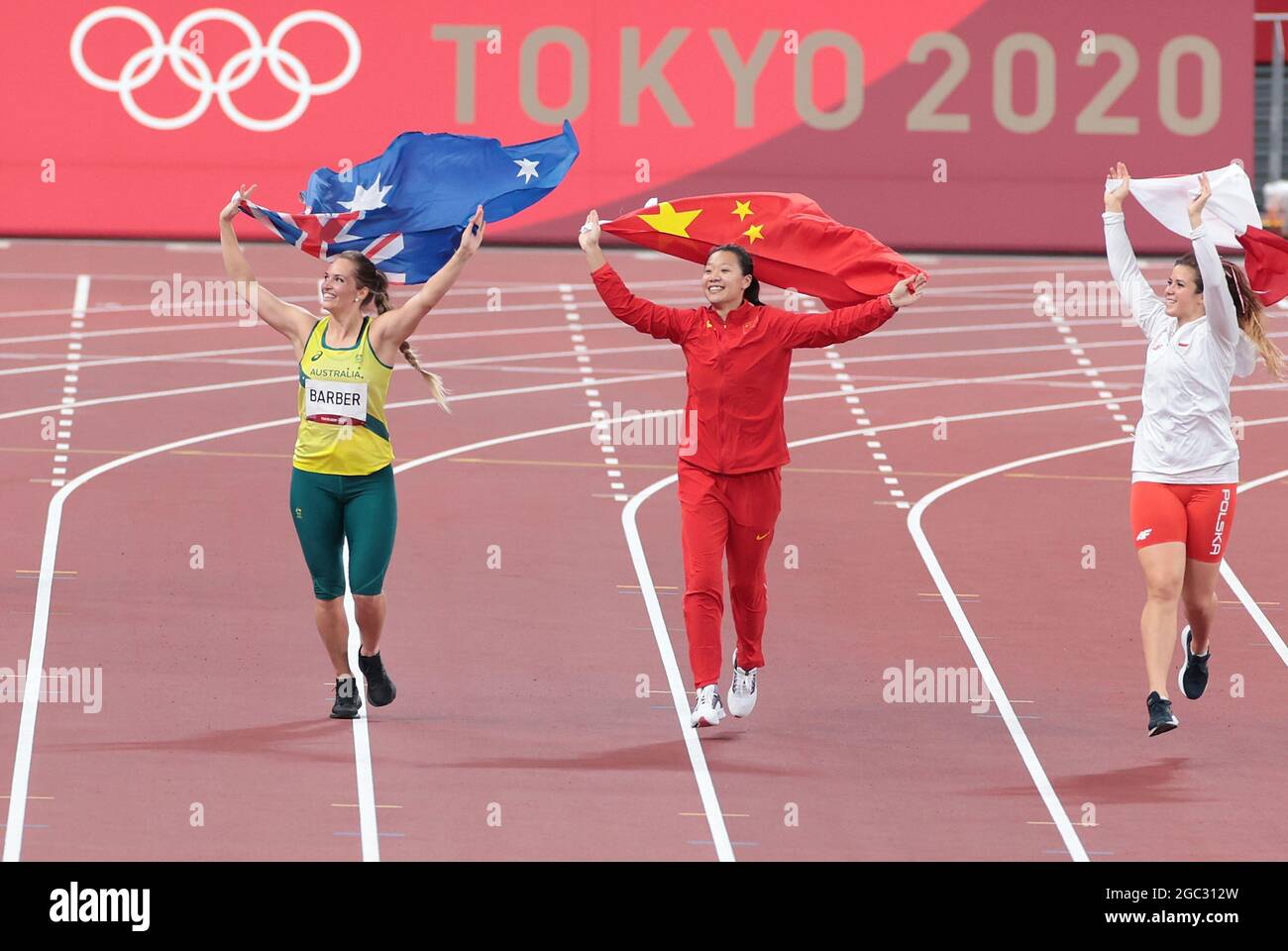 Tokyo, Japan. 6th Aug, 2021. (From L to R) Kelsey-Lee Barber of Australia, Liu Shiying of China and Maria Andrejczyk of Poland celebrate after the women's javelin throw final at Tokyo 2020 Olympic Games, in Tokyo, Japan, Aug. 6, 2021. Credit: Li Gang/Xinhua/Alamy Live News Stock Photo