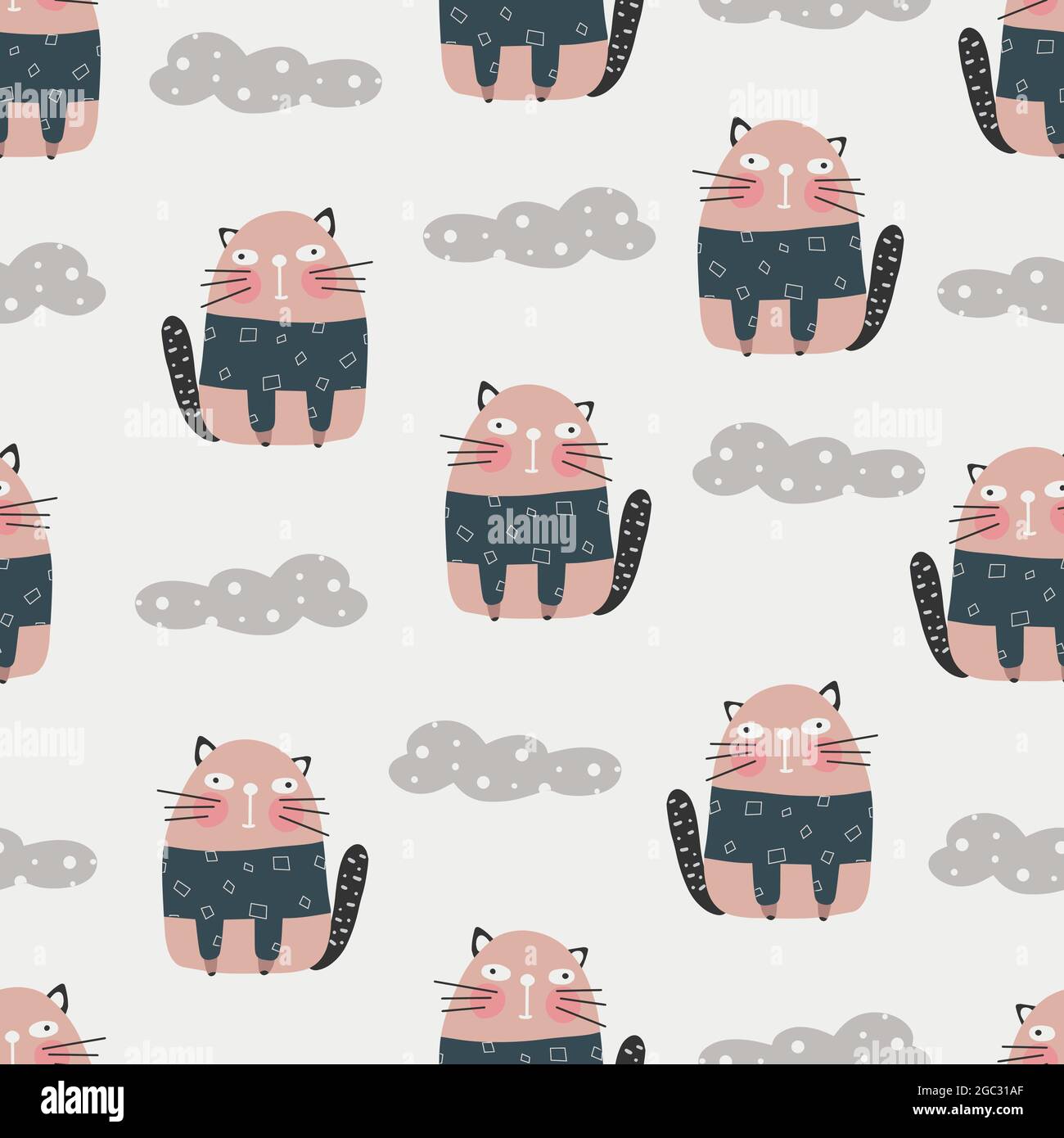 Cute cats pattern - hand drawn childish dinosaur seamless pattern design Stock Vector