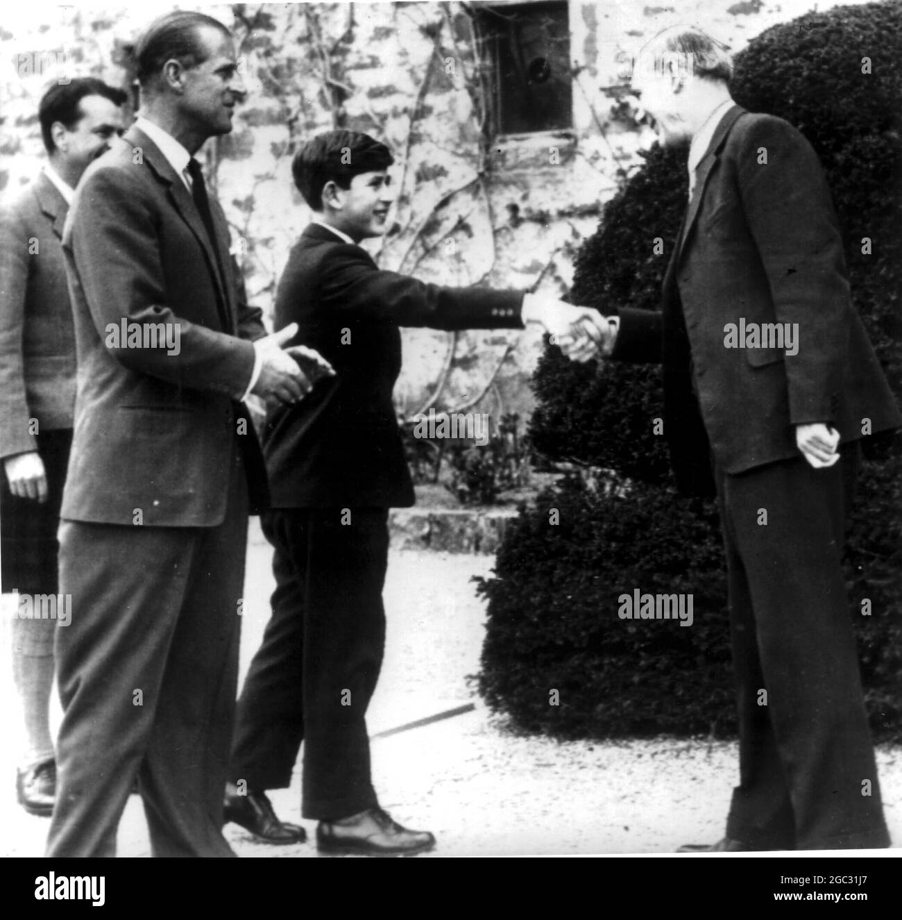 Prince Charles shaking hands with his new headmaster on his first day at Gordonstoun 1962 Stock Photo