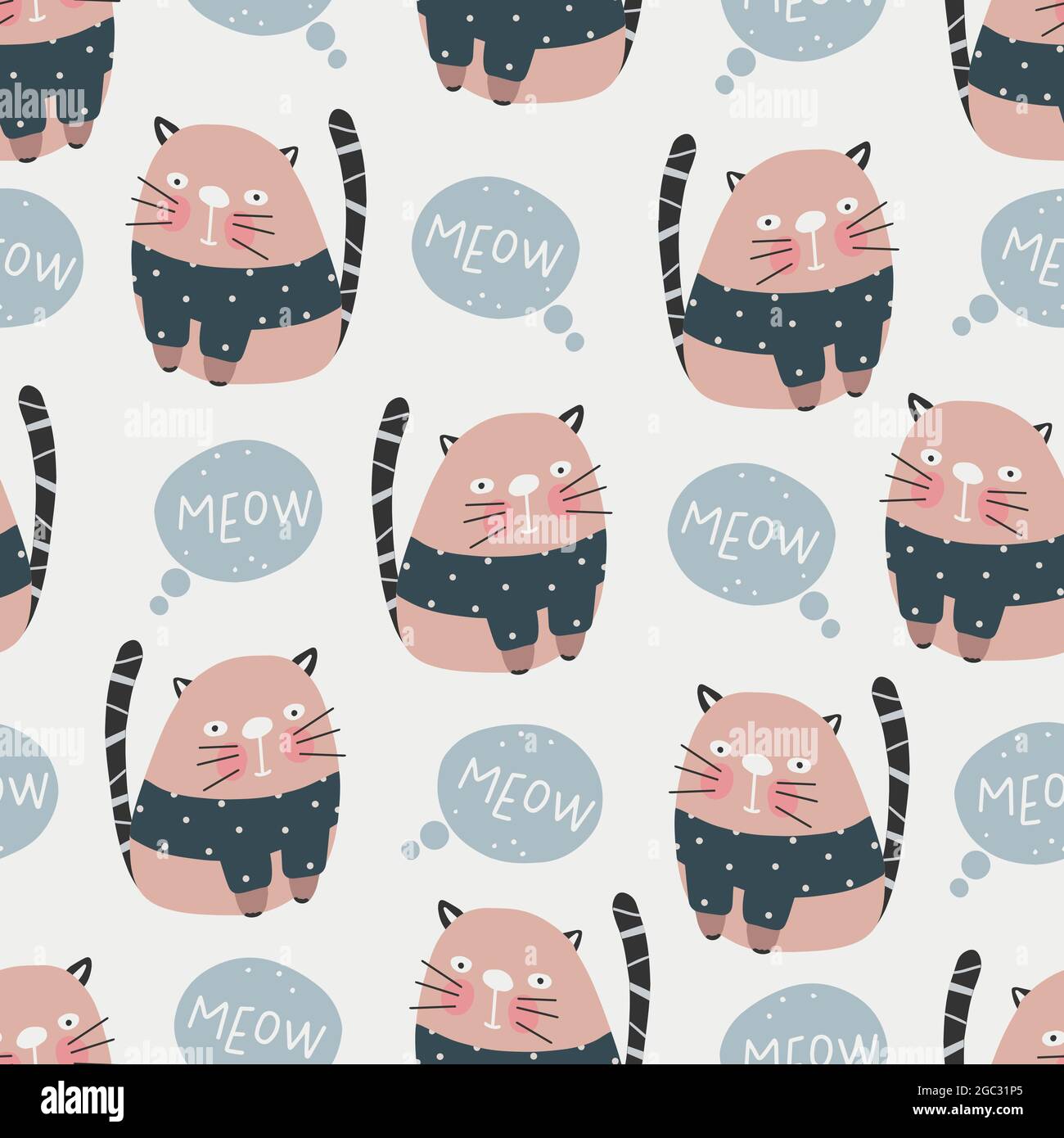 Cute cats pattern - hand drawn childish dinosaur seamless pattern design Stock Vector