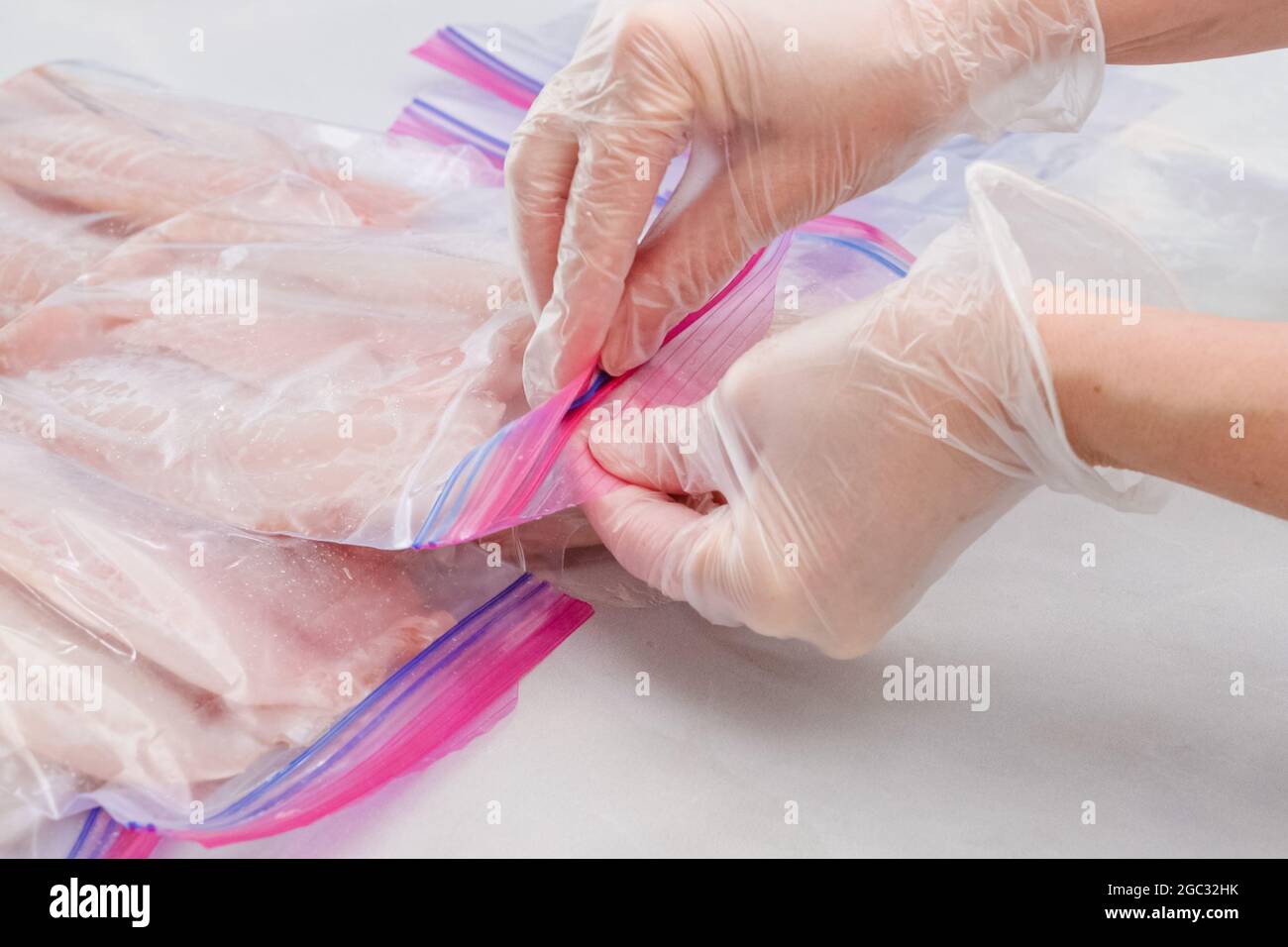 Woman hands put fresh Tilapia fish fillet in zip lock bags for freezing ...