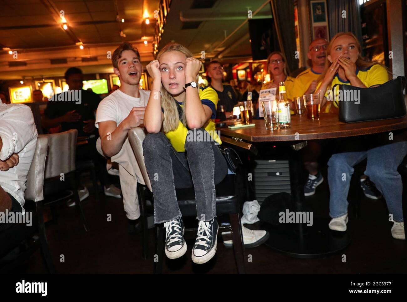 Gothenburg, Sweden. 6th Aug, 2021. Disappointed Swedish football fans in Gothenburg after the olympic medal match between Sweden and Canada in the Japan olympic games. Credit: Jeppe Gustafsson/Alamy Live News Stock Photo
