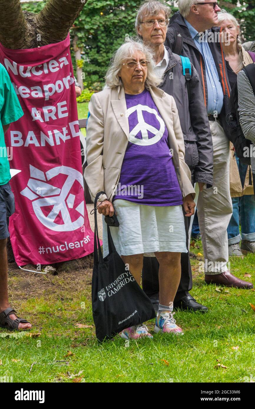 London, UK. 6th August 2021. 76 years after atomic bombs were dropped on Hiroshima and Nagaski, London CND met at the Hiroshima Cherry tree in Tavistock Square to remember the many killed and survivors who are still suffering the event, and to celebrate the UN treaty prohibiting nuclear weapons which came into force this January. They called on the government to end the UK's nuclear weapon programme. Peter Marshall/Alamy Live News Stock Photo