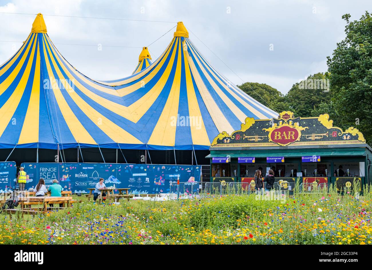 North Berwick, East Lothian, Scotland, United Kingdom, 6th August 2021. UK Weather: the first day of Fringe-by-the Sea. Pictured: The main festival venue in Lodge Grounds, the Belhaven Big Top Tent Stock Photo