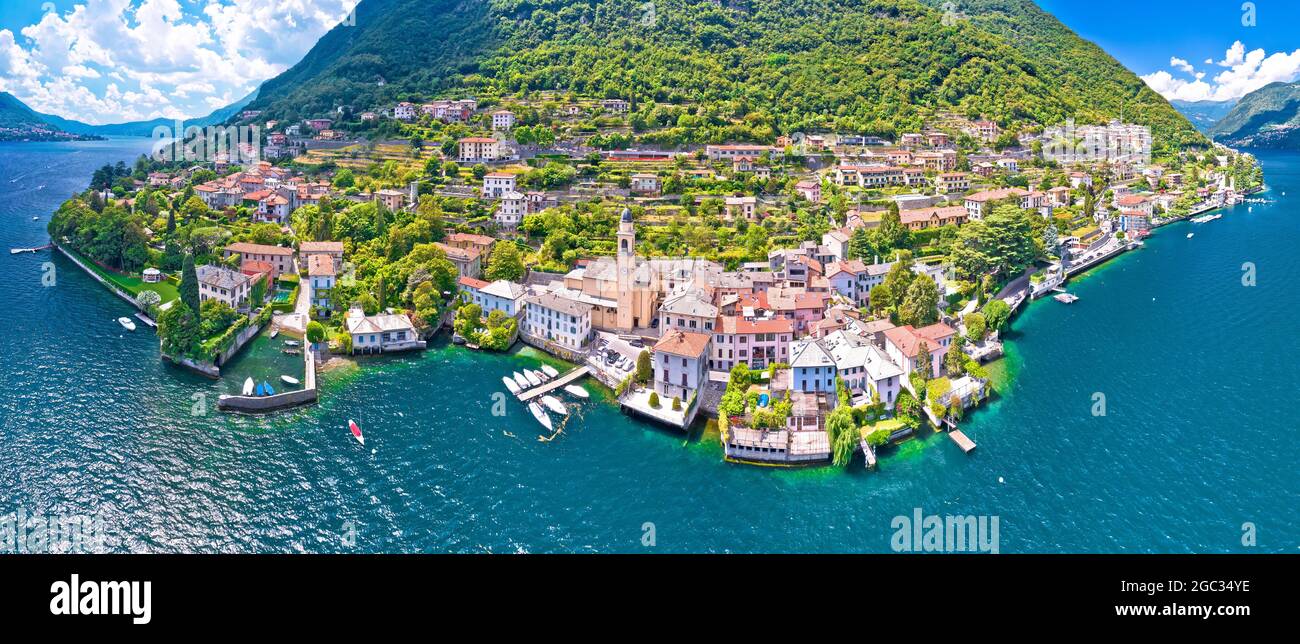 Town of Laglio on Como lake aerial panoramic view, Lombardy region of Italy Stock Photo