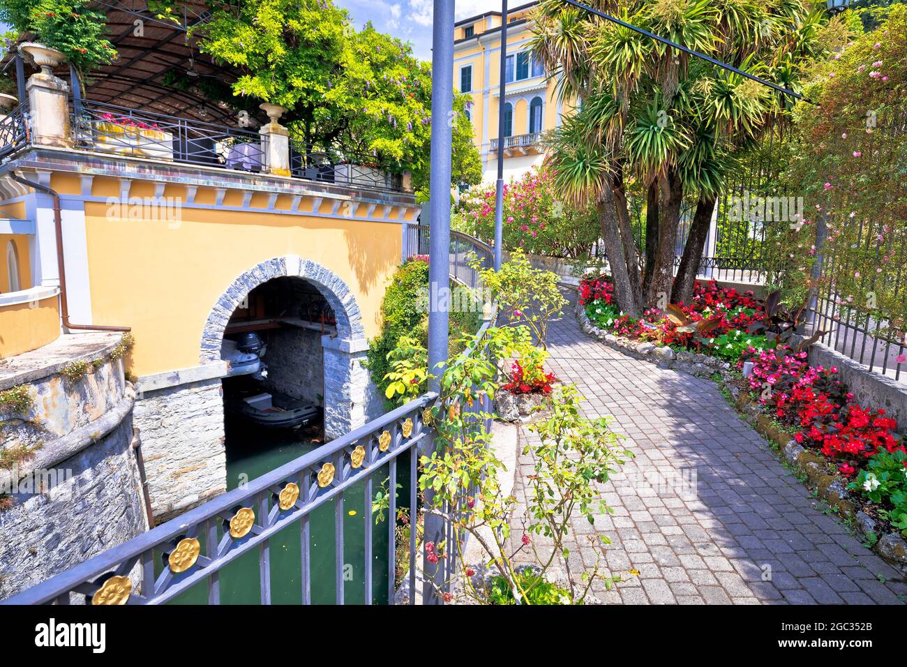 Town of Belaggio colorful flower street view, Como Lake, Lombardy region of Italy Stock Photo