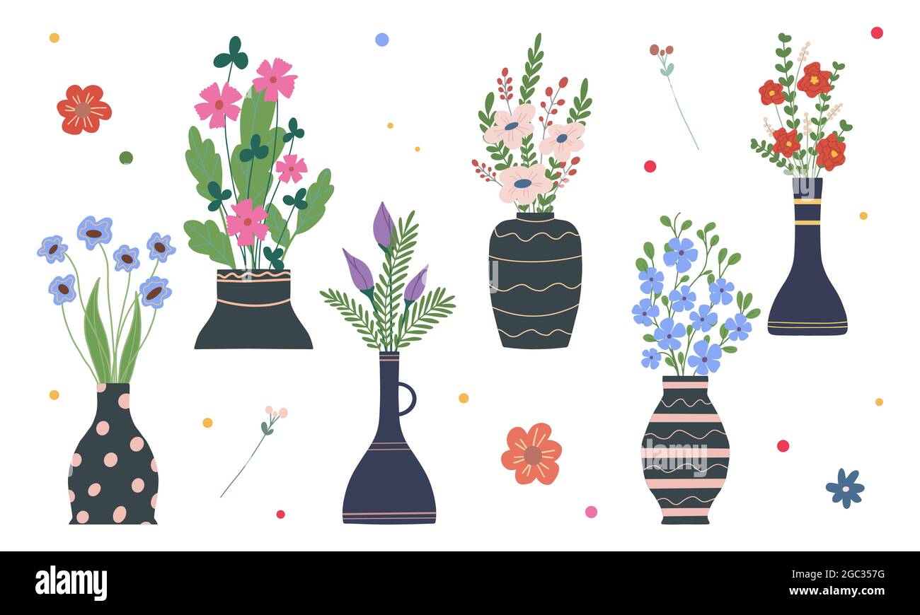 Set of bright spring blooming flowers in vases and bottles isolated on ...