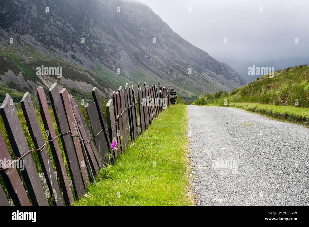 Lon Las Ogwen cycle route along a country lane with traditional slate fence in Nant Ffrancon valley in Snowdonia. Bethesda Gwynedd North Wales UK Stock Photo