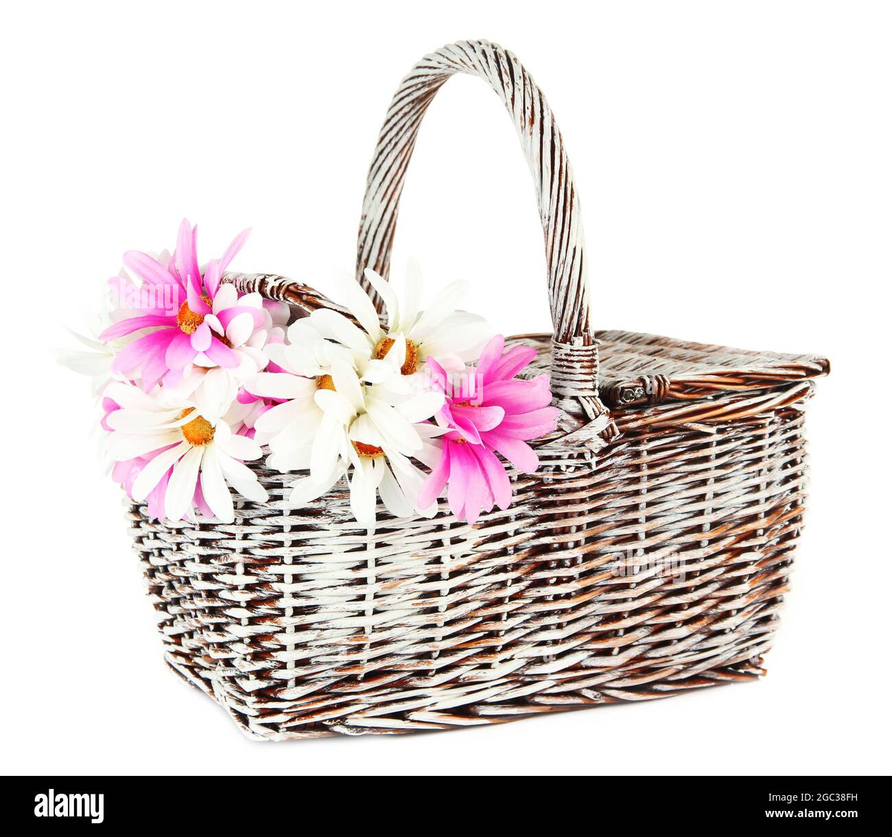 Picnic basket with flowers, isolated on white Stock Photo Alamy