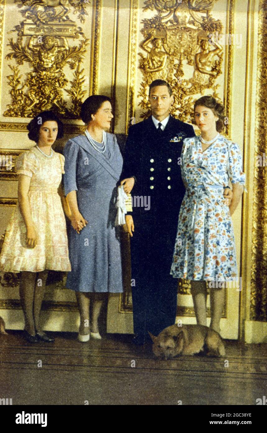 George VI and family 1944 - l-r Princess Margaret, Queen Elizabeth the Queen Mother, King George VI, Princess Elizabeth - © TopFoto George VI (Albert Frederick Arthur George) British ruler; king of Britain 1936-1952; last emperor of India 1936-1947; brother of Edward VIII; son of George V  1895-1952 Stock Photo