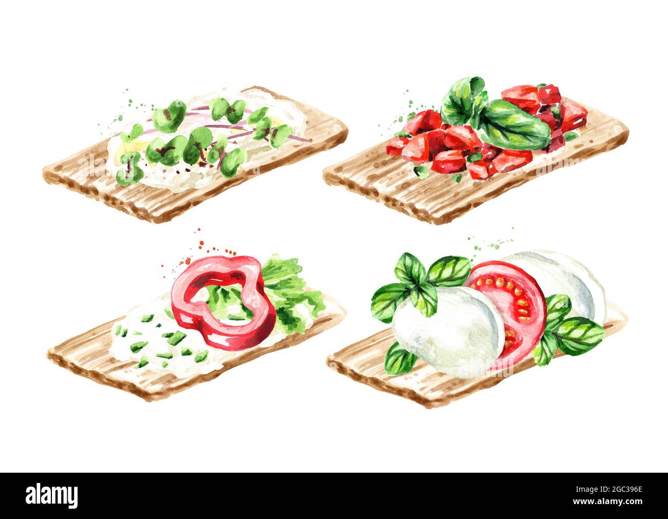 Crispbread with vegan, vegetarian toppings set. Watercolor hand drawn  illustration, isolated on white background.tif Stock Photo - Alamy
