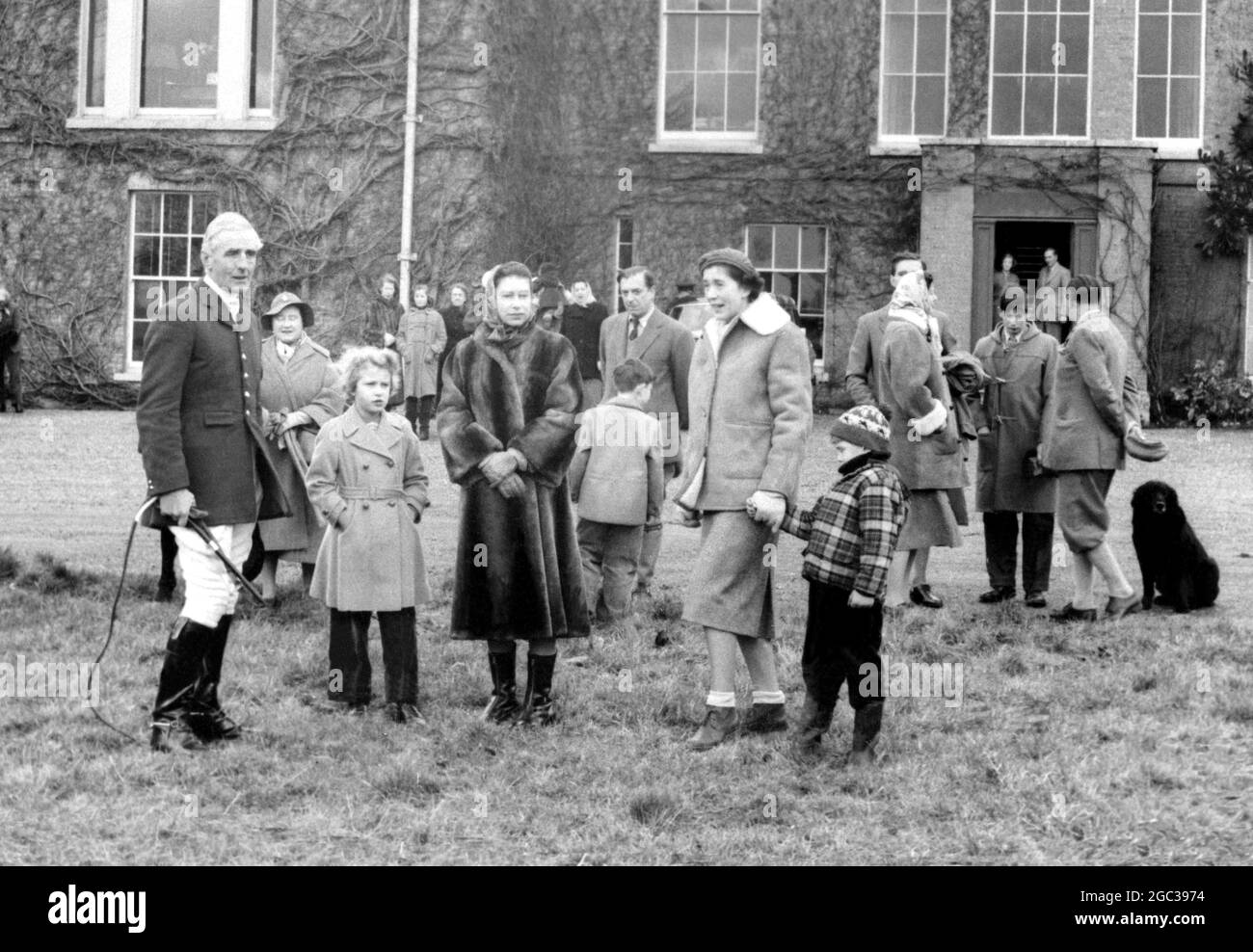 HM the Queen, the Queen Mother with Prince Charles and Princess Anne today attend the Meet of the West Norfolk Foxhounds at West Acre House home of Col Birbeck 9th January 1958 Stock Photo