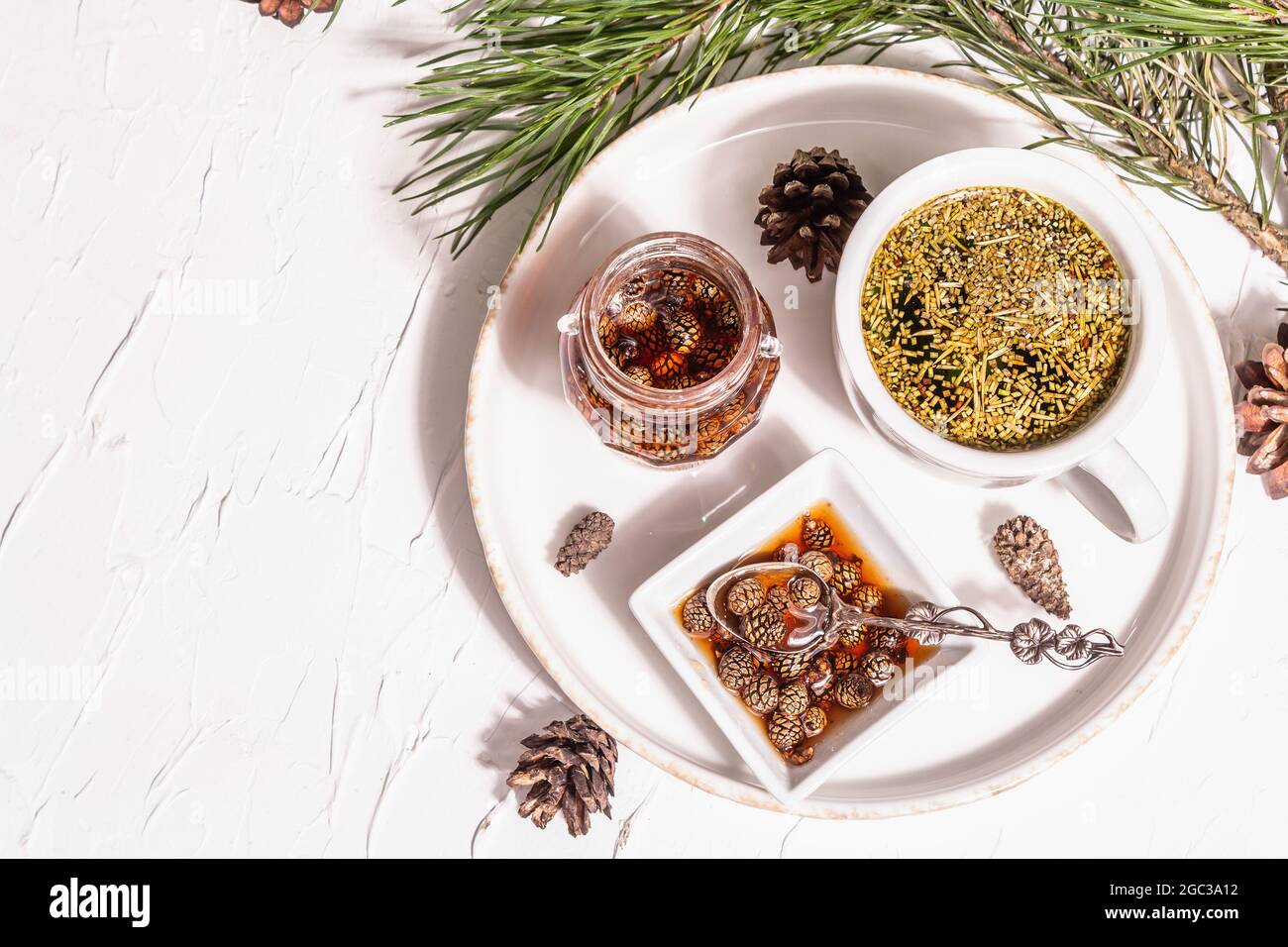 Pine needle tea, sollipcha, traditional Korean beverage. Pine cone jam