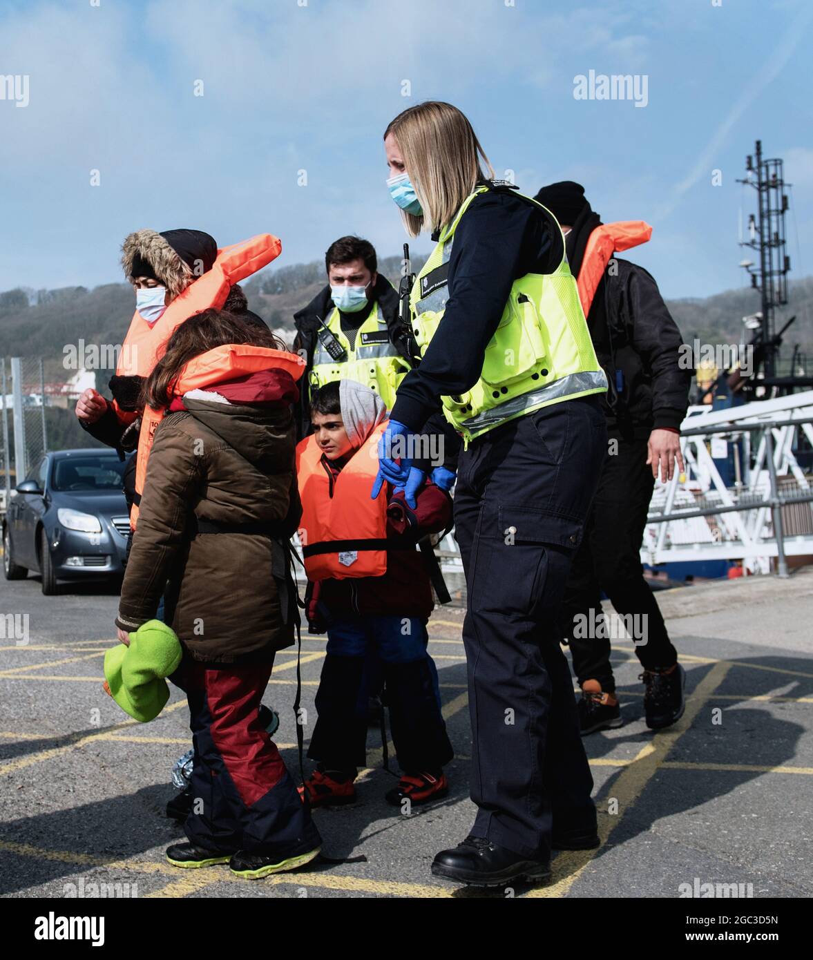 England, Kent, Dover, Border Force officers landing Asylum Seekers picked up in the English Channel. Stock Photo