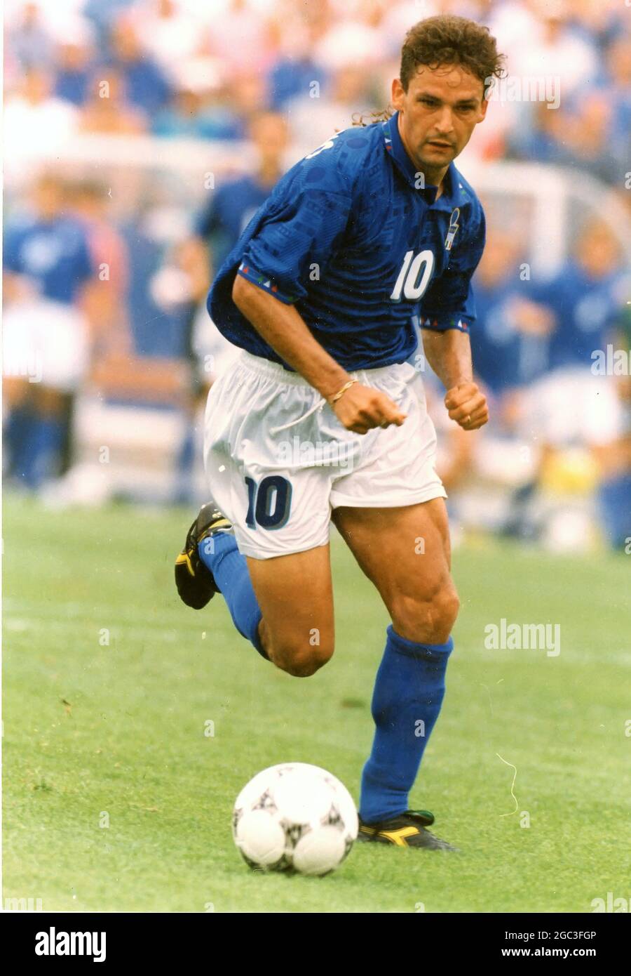 Italian soccer star Roberto Baggio in action against Brazil in the final of the 1994 World Cup Stock Photo