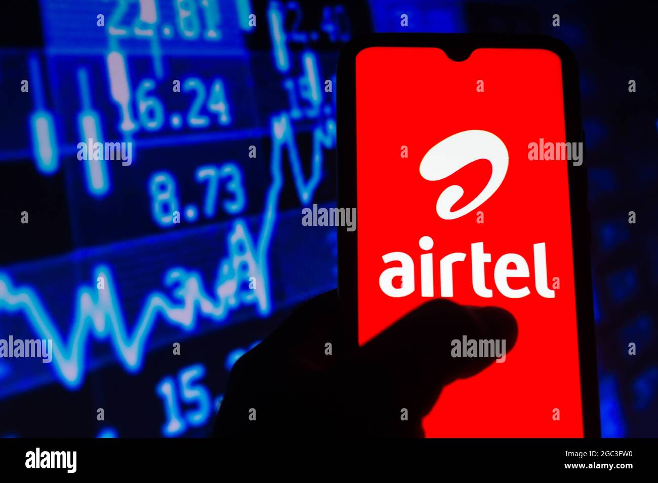 In this photo illustration, the Bharti Airtel Limited logo seen displayed on a smartphone. Stock Photo