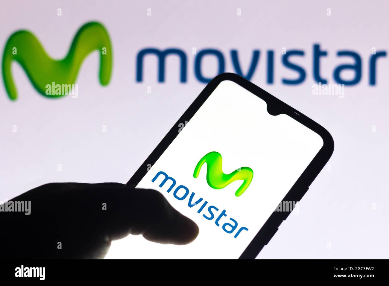 In this photo illustration, the Movistar logo seen displayed on a smartphone. Stock Photo