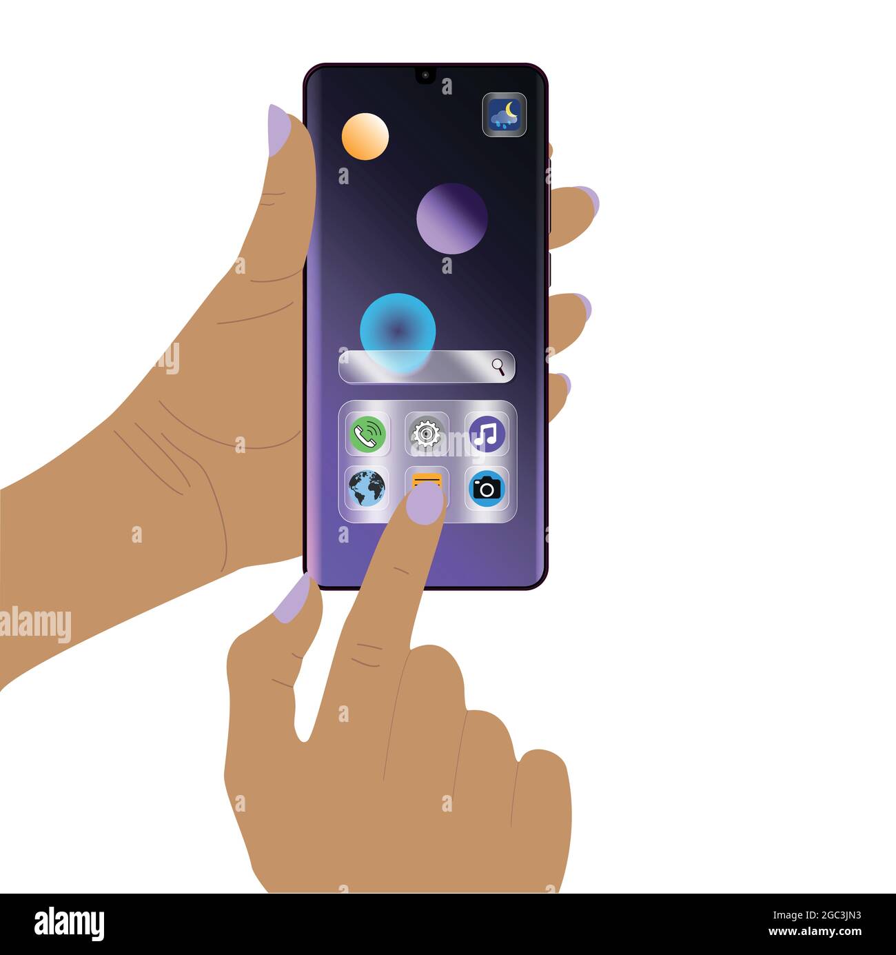 Hand holds cellphone in glass morphism design, vector Stock Vector