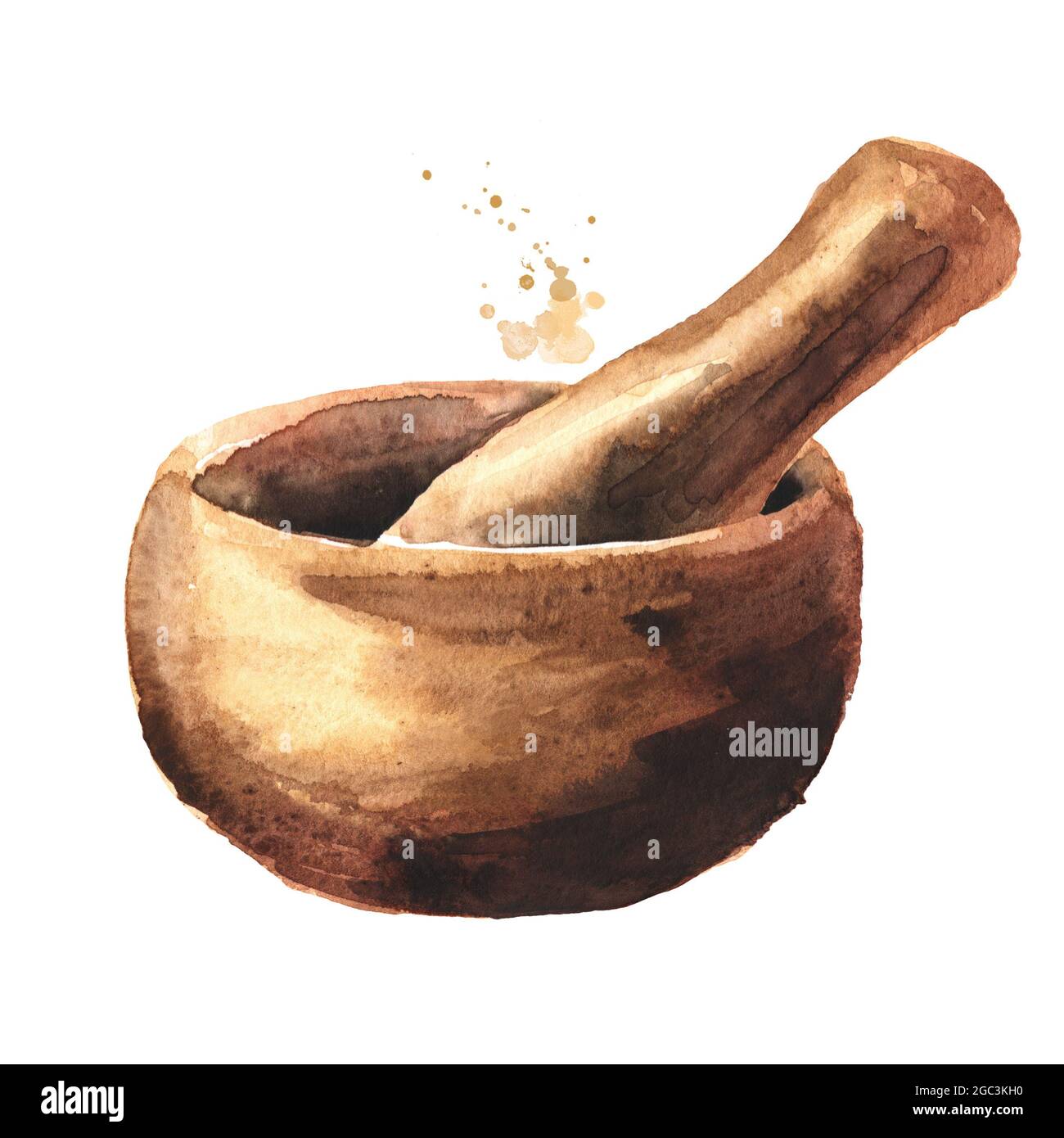 Wooden mortar and pestle. Watercolor hand drawn illustration isolated