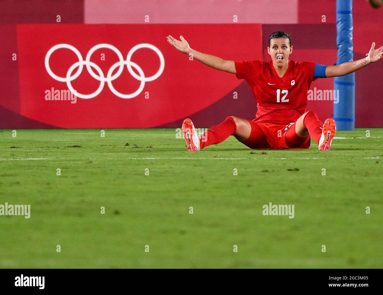 Yokohama, Japan. 6th Aug, 2021. Christine Sinclair of Canada reacts during the women's football final between Sweden and Canada at the Tokyo 2020 Olympic Games in Yokohama, Japan, Aug. 6, 2021. Credit: Lu Yang/Xinhua/Alamy Live News Stock Photo