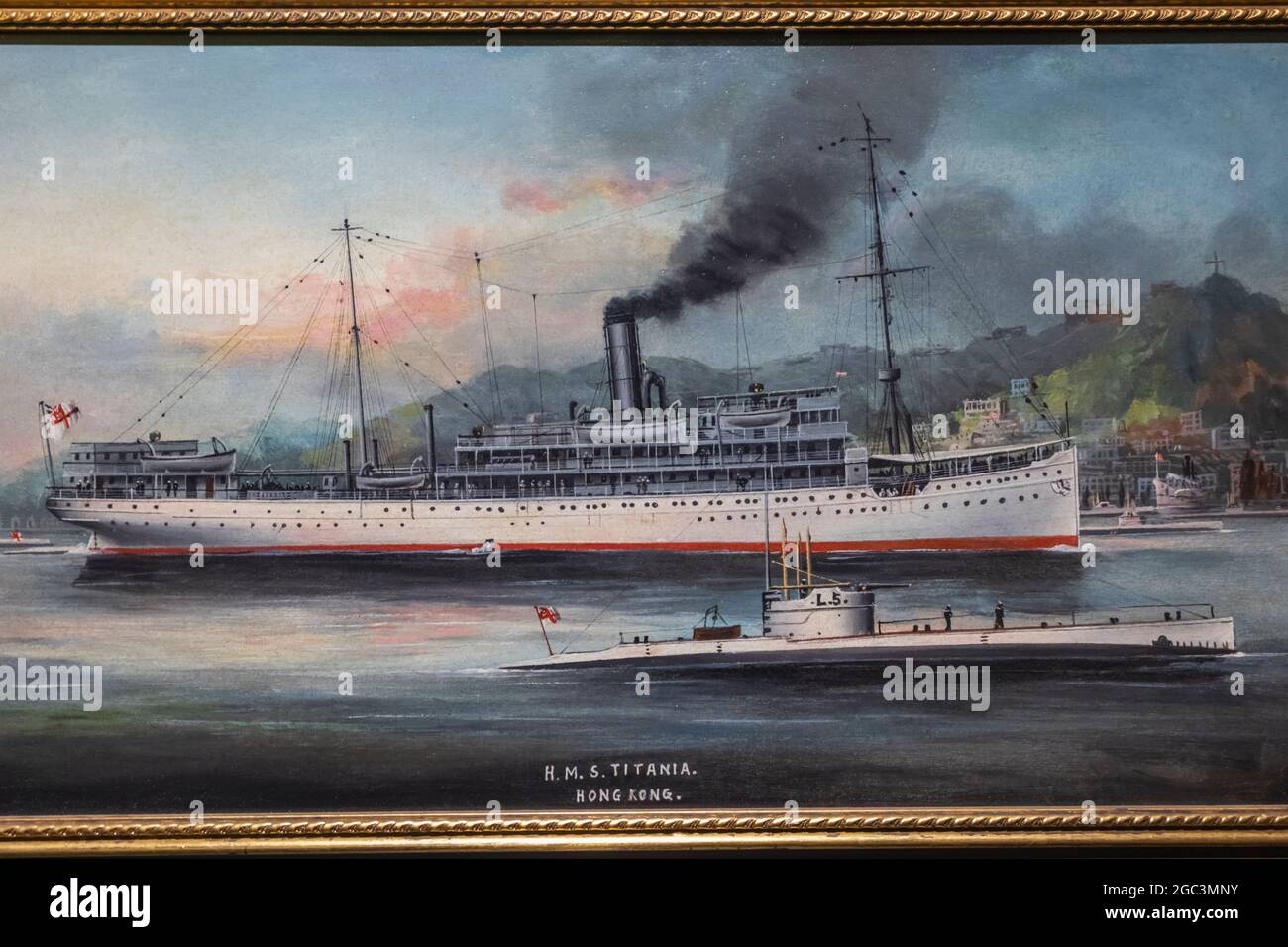 England, Hampshire, Portsmouth, Gosport, Portsmouth Historic Dockyard, Submarine Museum, Painting of HMS Titania at Hong Kong circa 1920 Stock Photo
