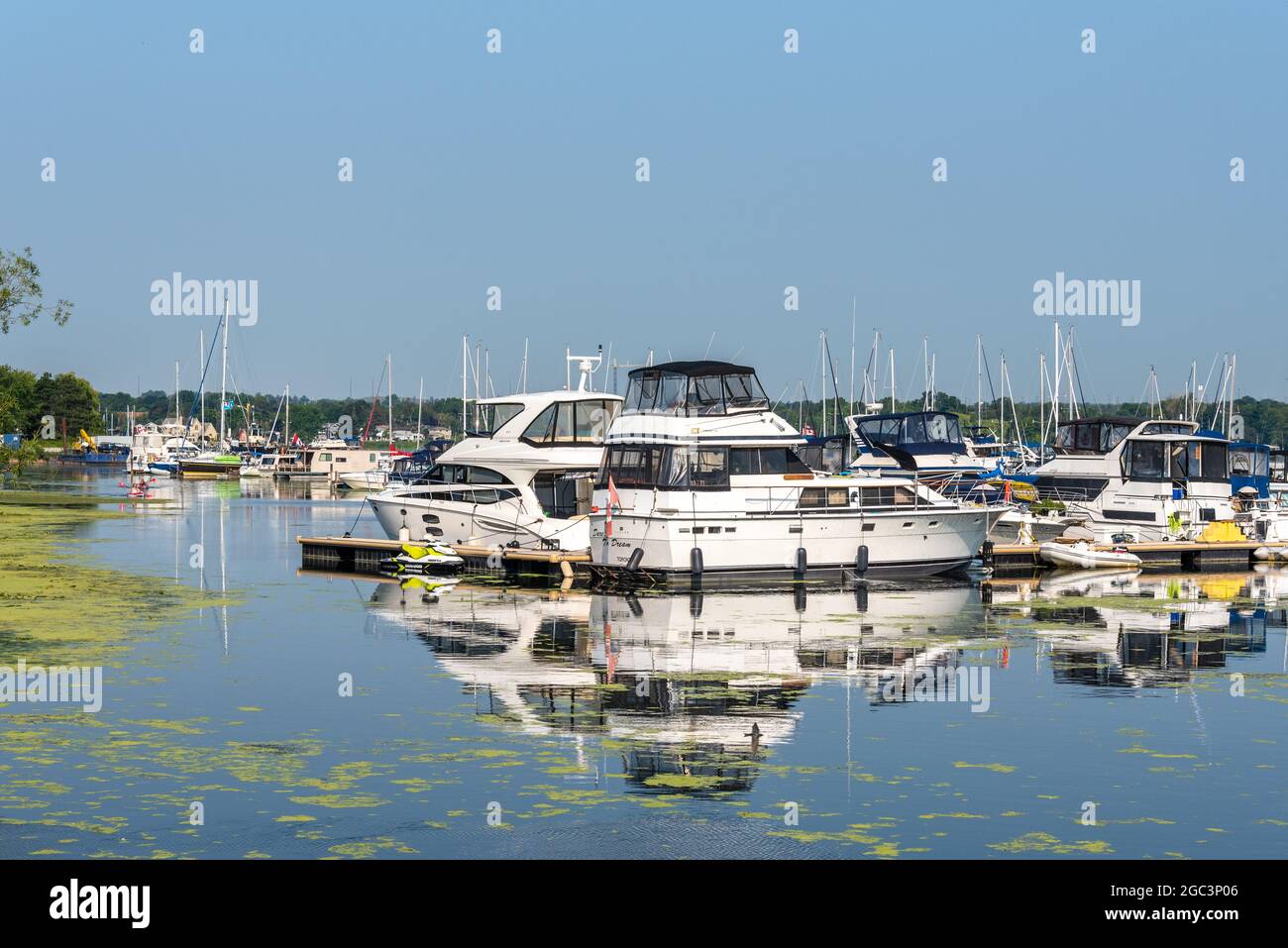 The marina at the Frenchman's Bay Harbor or simply the waterfront in Pickering City in Ontario, Canada Stock Photo