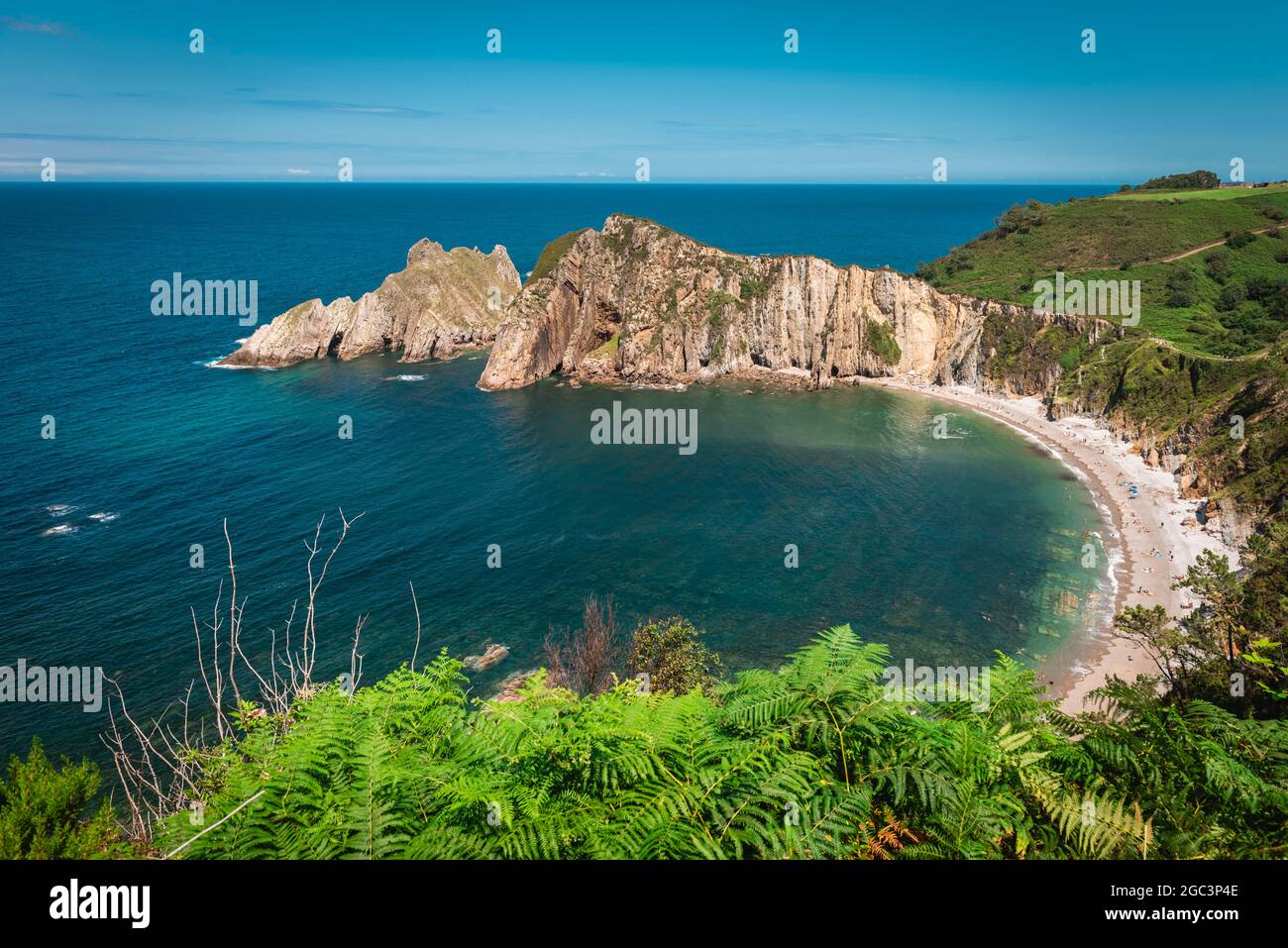Cantabrian Sea, beach and cliffs of Spain's northern coast from the fern-covered edge Stock Photo