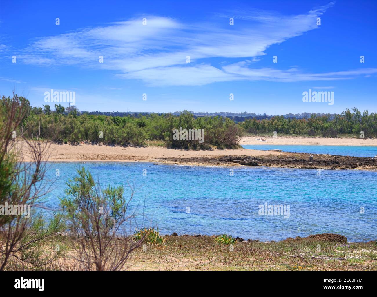 Torre Guaceto Nature Reserve in Apulia, Italy: view of the beach and the dunes. Mediterranean maquis: a nature sanctuary between the land and the sea. Stock Photo