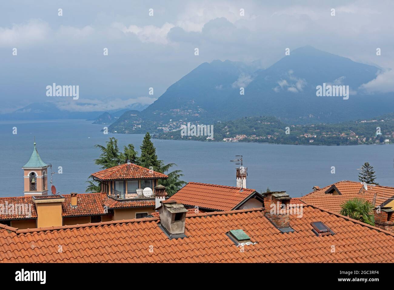 view of Laveno-Mombello and Mount Sasso del Ferro, Lombardy, from Stresa, Piedmont, Lake Maggiore, Italy Stock Photo
