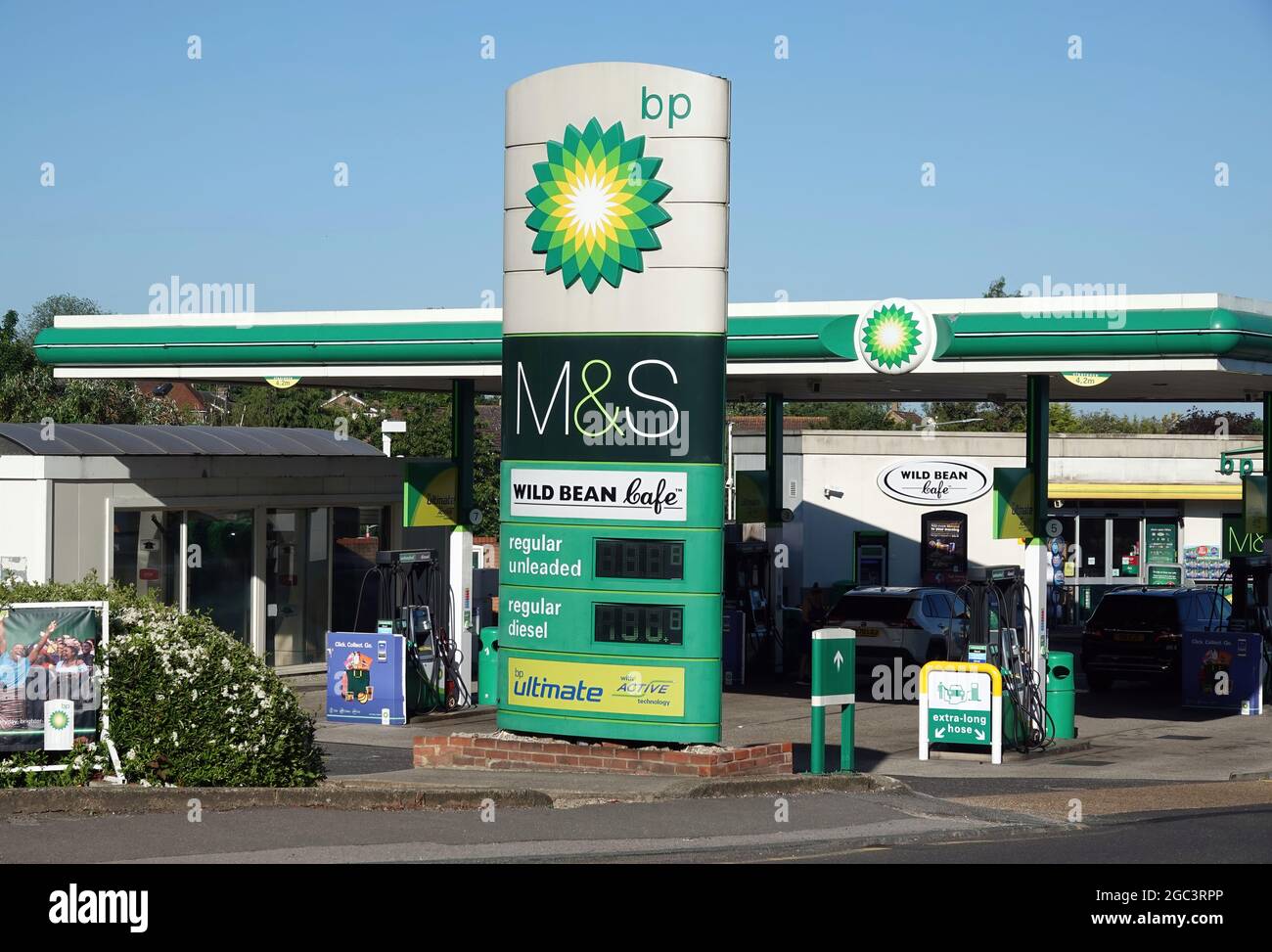 BILLERICAY, UNITED KINGDOM - Jun 13, 2021: A BP petrol station with Marks and Spencer shop and Wild Bean Cafe in Billericay, Essex, UK Stock Photo