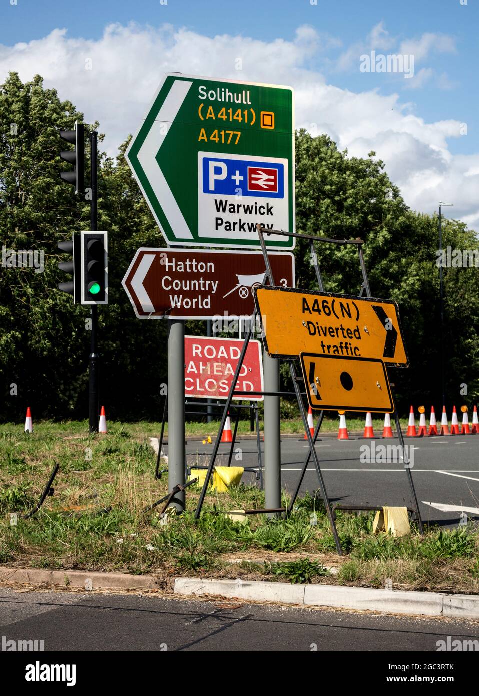 Cluttered road signs, Warwick, Warwickshire, England, UK Stock Photo