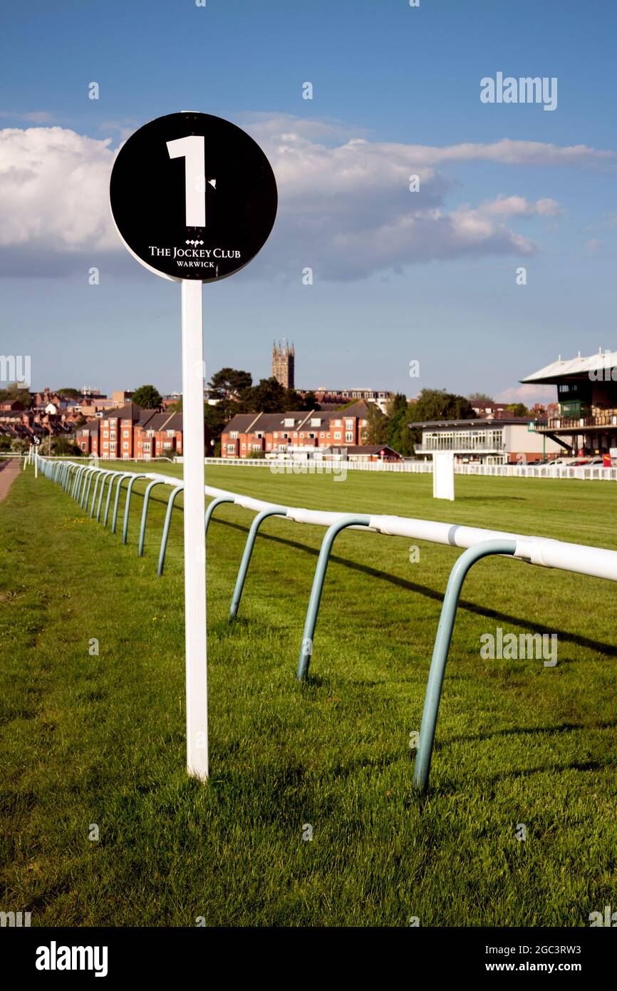 One furlong marker at Warwick racecourse, Warwickshire, England, UK