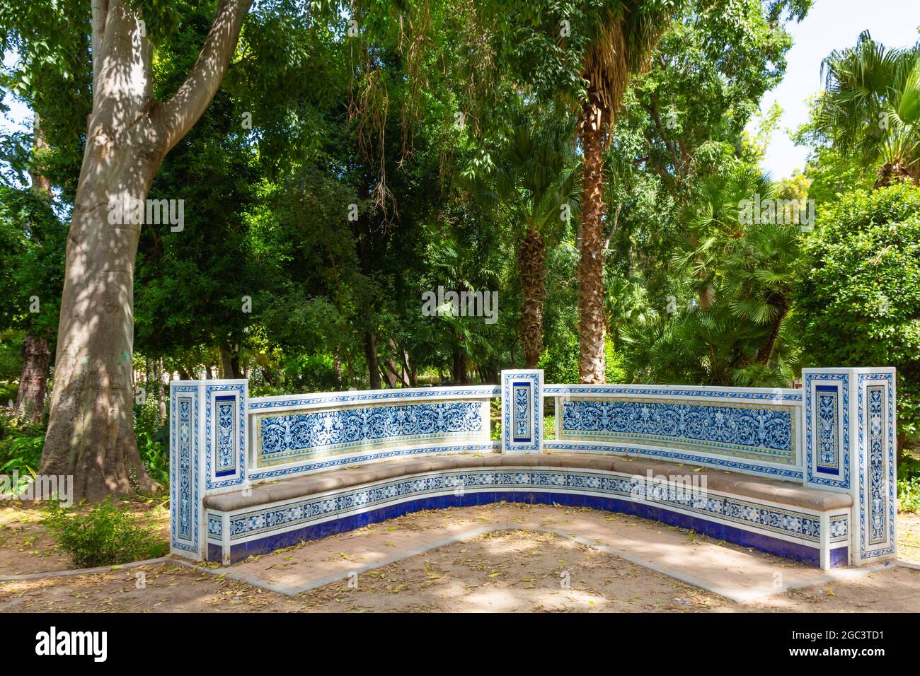 Parque Ribalta Castellon, Spain. June 14, 2021 - One of the many benches with ceramic ...