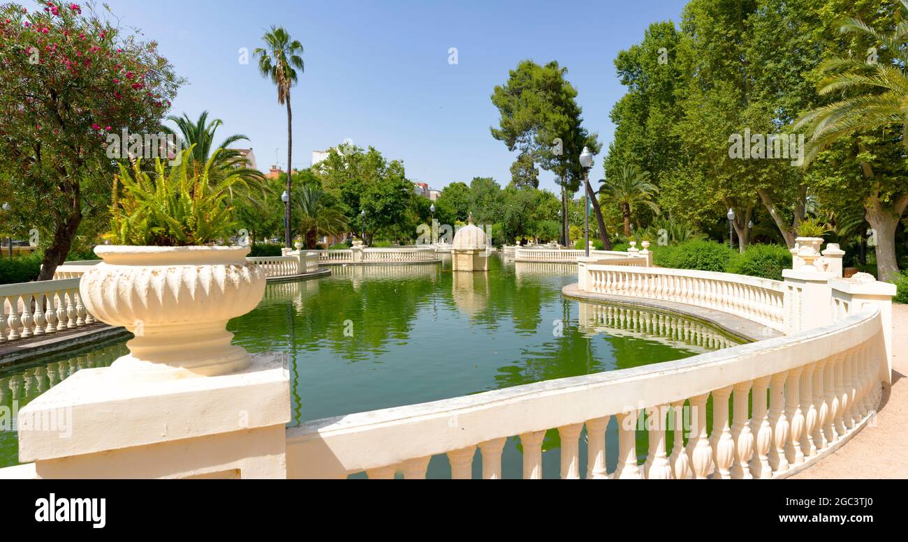 Castellon, Spain. June 14, 2021 - Pond built in 1919 in Ribalta park, a park declared a Spanish asset of cultural interest, with a multitude of differ Stock Photo