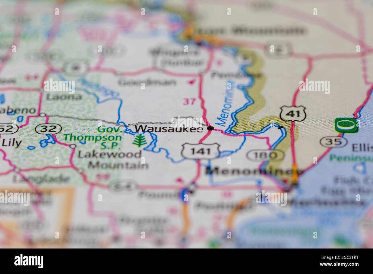 Wausaukee Wisconsin USA shown on a road map or Geography map Stock Photo