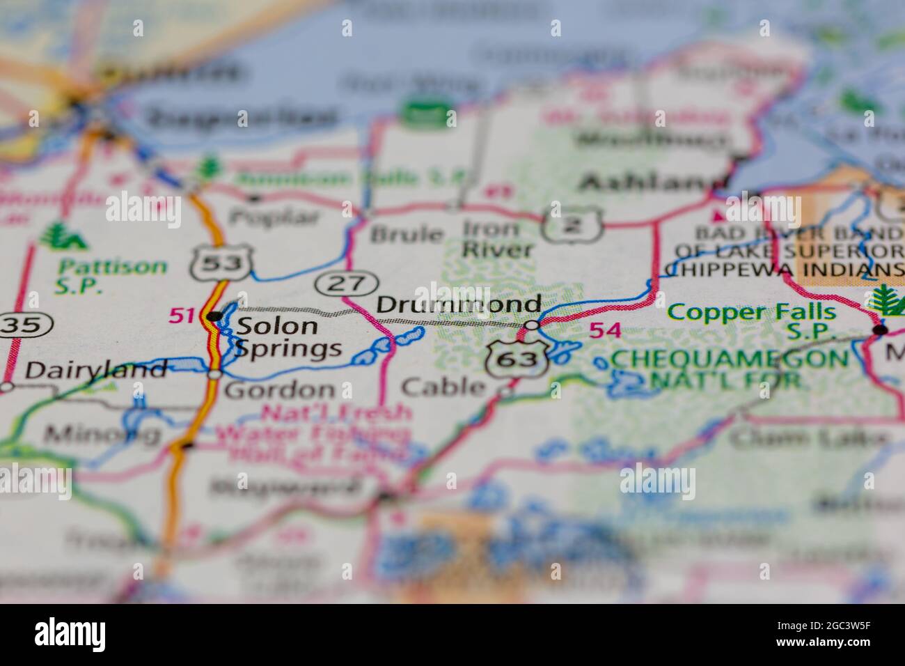 Drummond Wisconsin USA shown on a road map or Geography map Stock Photo