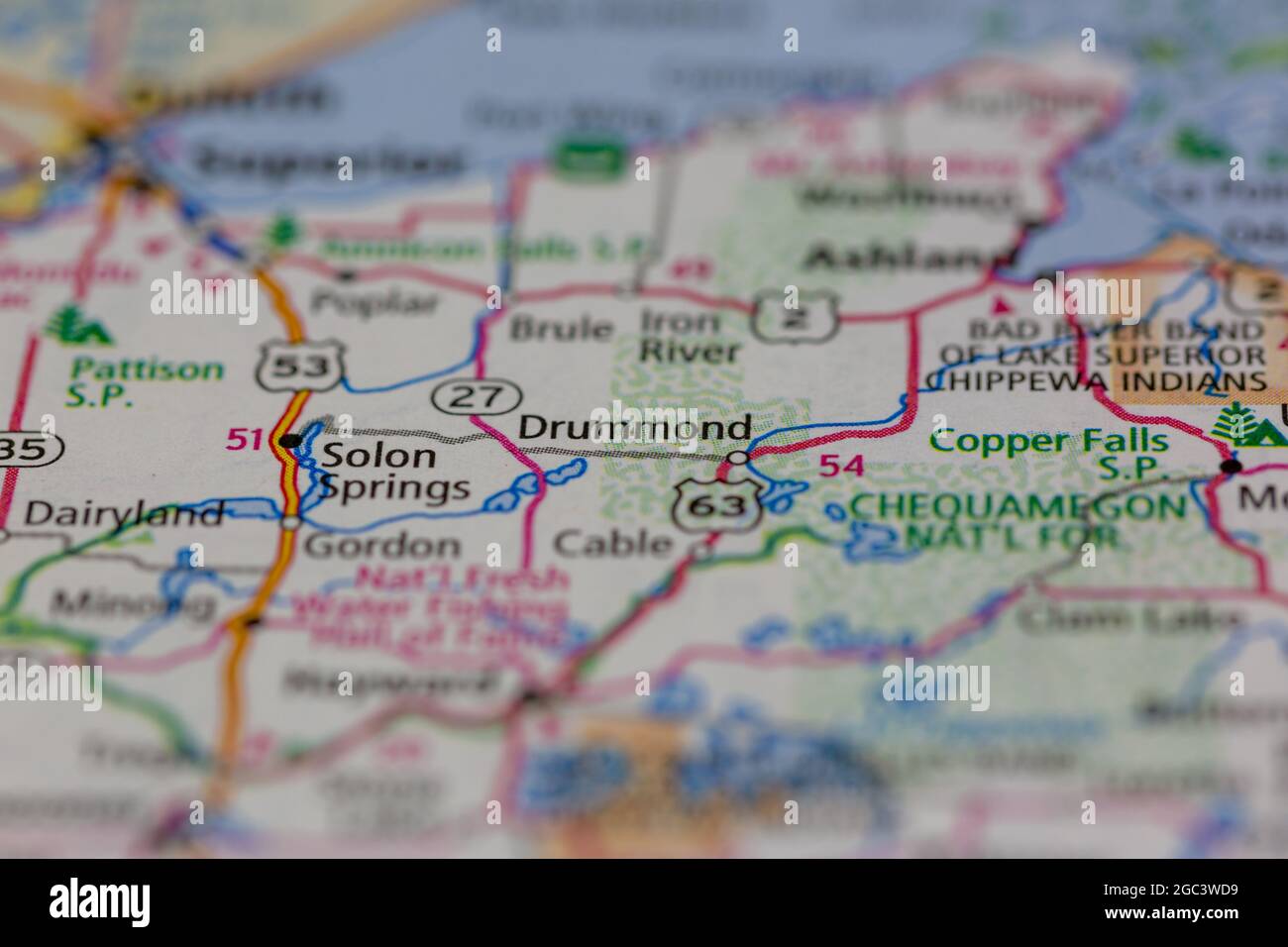 Drummond Wisconsin USA shown on a road map or Geography map Stock Photo