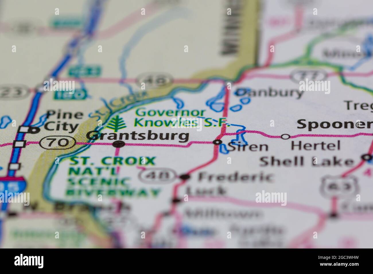 Grantsburg Wisconsin USA shown on a road map or Geography map Stock