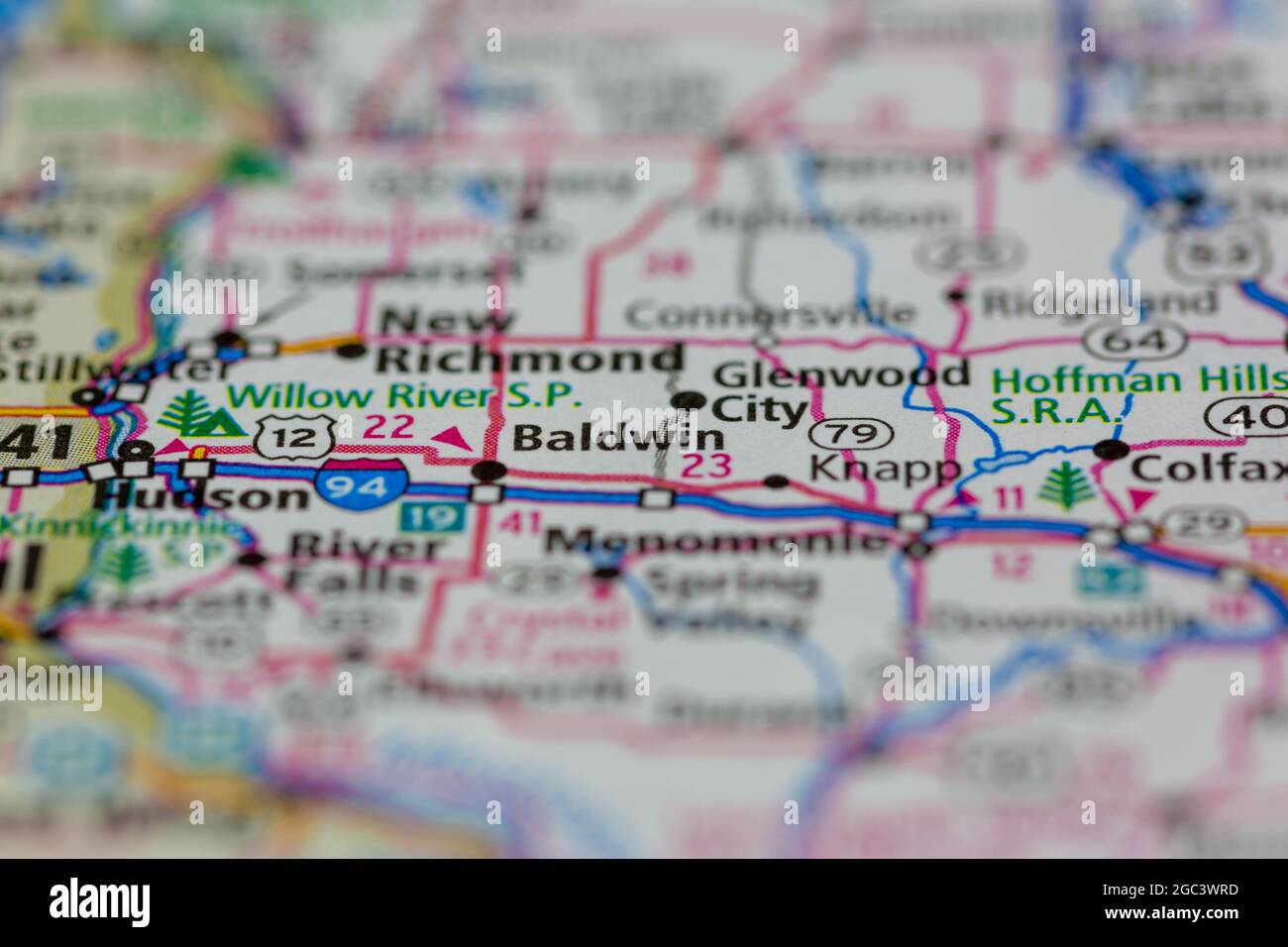 Baldwin Wisconsin USA shown on a road map or Geography map Stock Photo