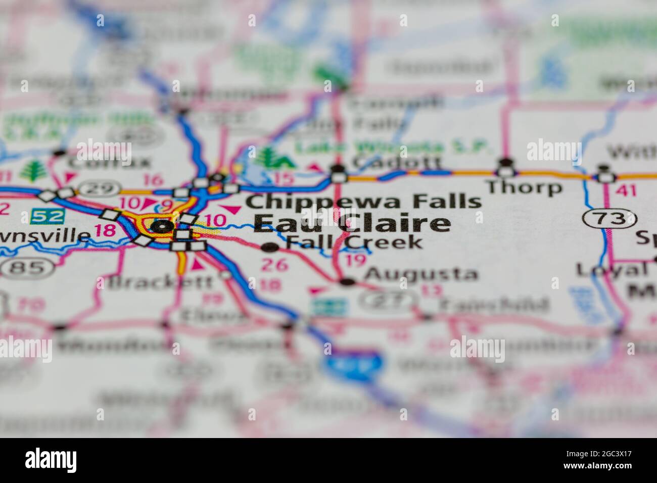 Eau Claire Wisconsin USA shown on a road map or Geography map Stock Photo