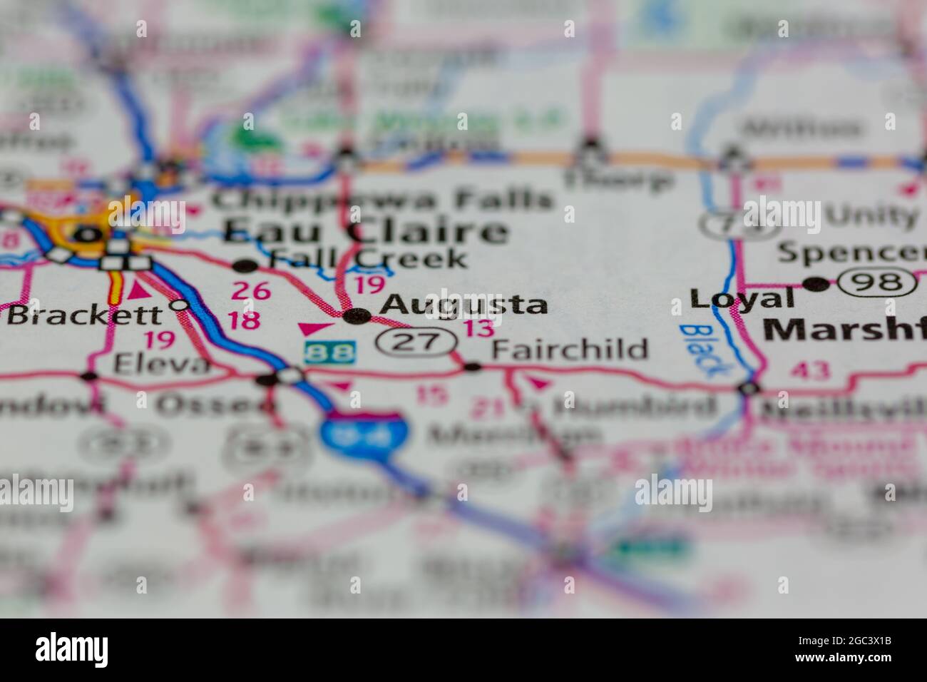 Augusta Wisconsin USA shown on a road map or Geography map Stock Photo