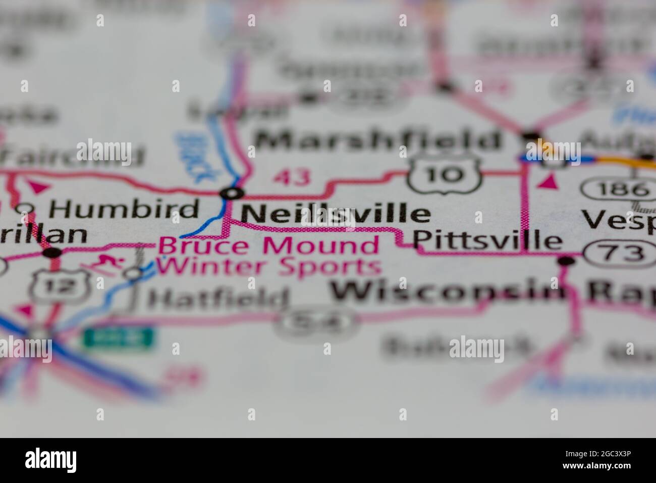Neillsville Wisconsin USA shown on a road map or Geography map Stock