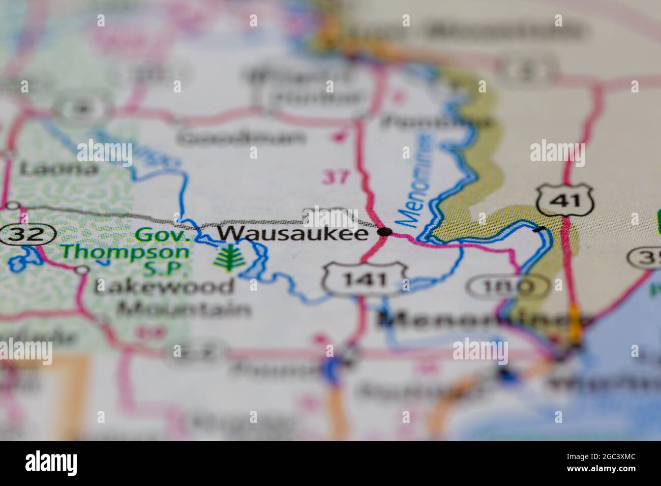 Wausaukee Wisconsin USA shown on a road map or Geography map Stock Photo