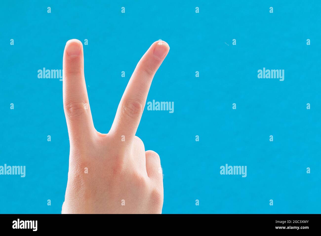 Close-up hand with two fingers up in a symbol of peace or victory. Also a sign for the letter V in sign language. On a blue background. Stock Photo