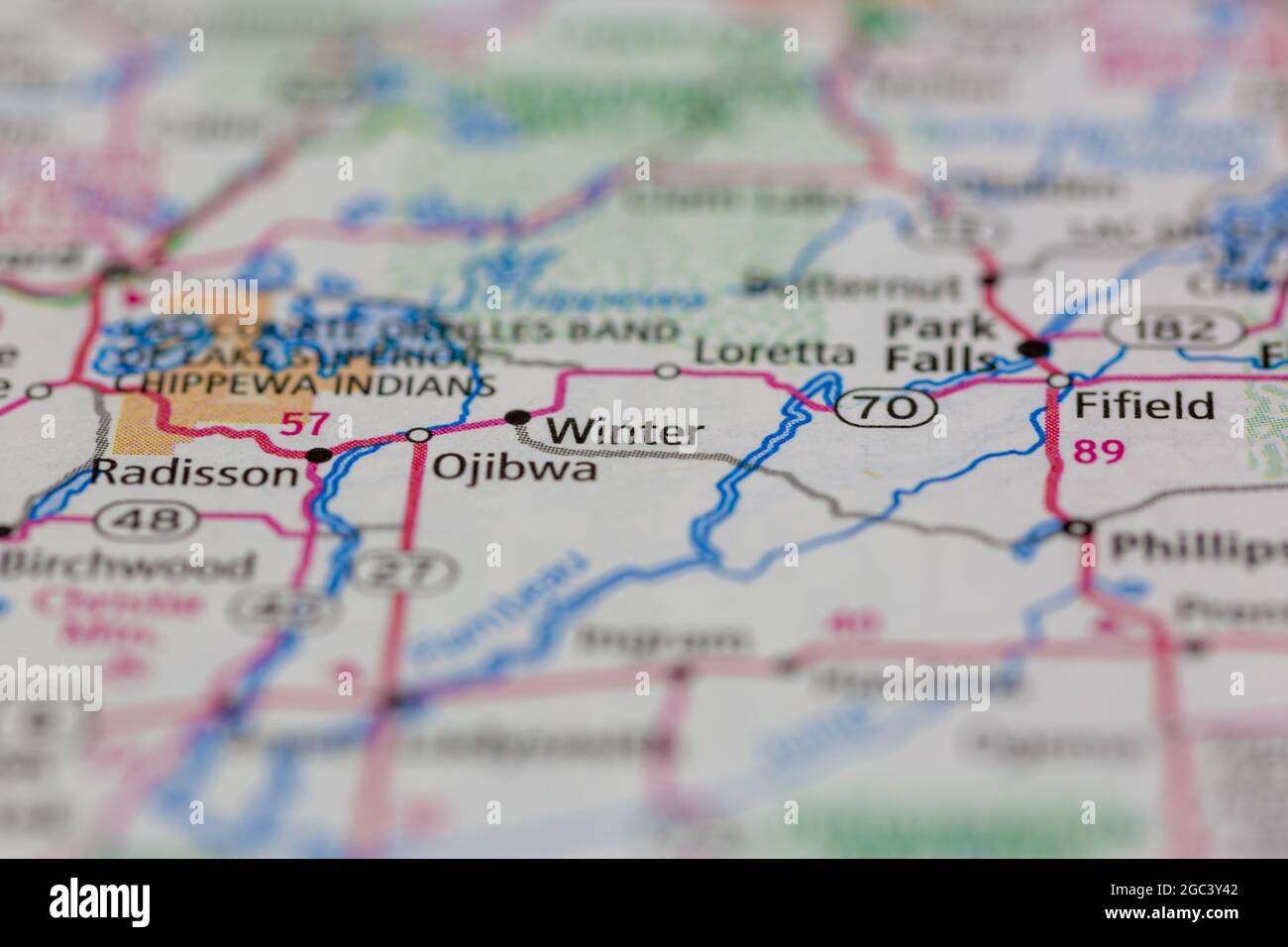 Winter Wisconsin USA shown on a road map or Geography map Stock Photo