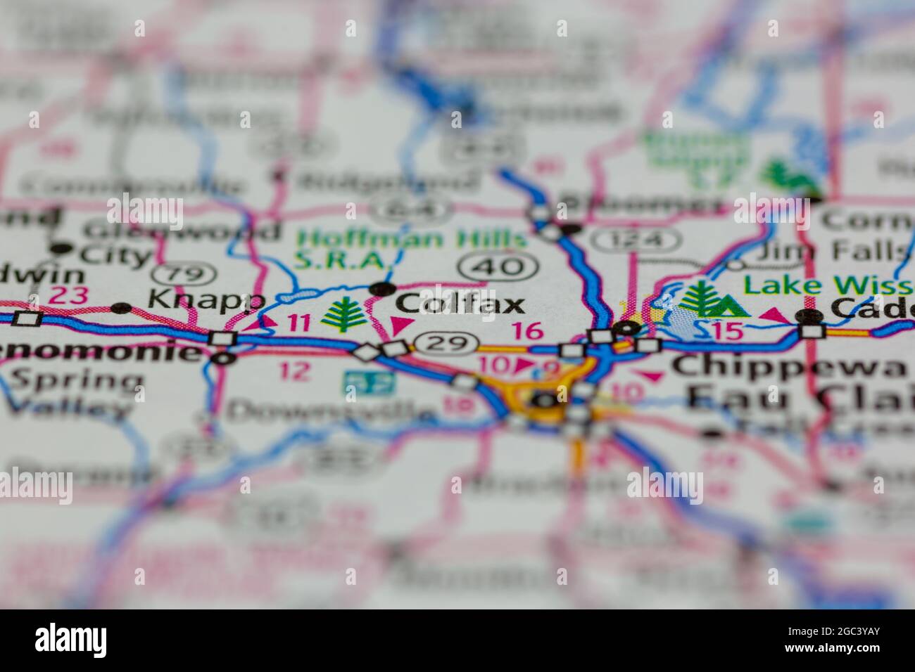 Colfax Wisconsin USA shown on a road map or Geography map Stock Photo