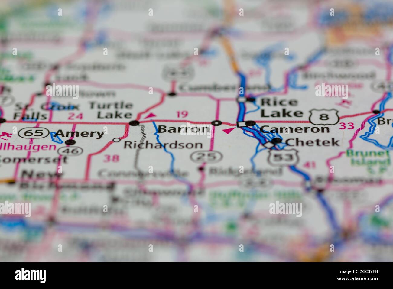 Barron Wisconsin USA shown on a road map or Geography map Stock Photo