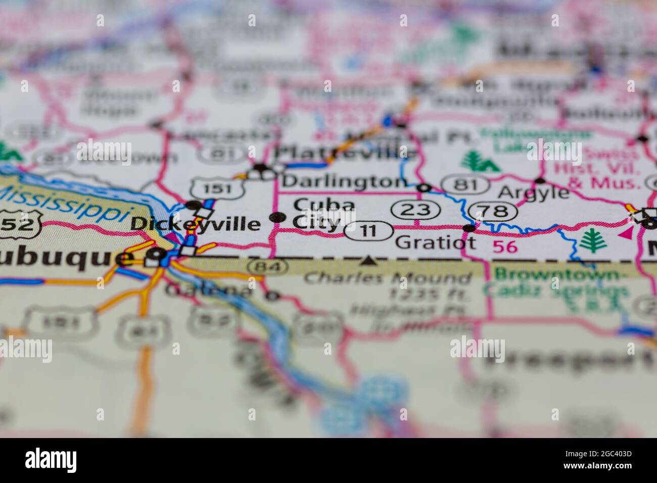 Cuba City Wisconsin USA shown on a road map or Geography map Stock