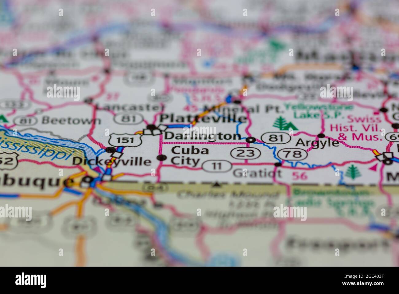 Darlington Wisconsin USA shown on a road map or Geography map Stock