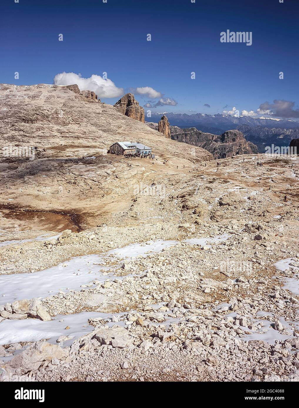 This is the Italian Alpine Club CAI owned Rifugio [Piz] Boe located on the Sella massif-Piz Boe plateau adjacent to Piz Boe mountain. The area around the refuge-hut was included as part of the film set for Sylvester Stallone's movie cliffhanger Stock Photo